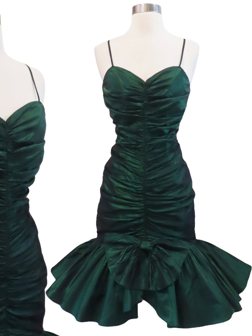 Vintage 80s Green Taffeta Prom Dress Full Mermaid Skirt Party Prom Dress XS S